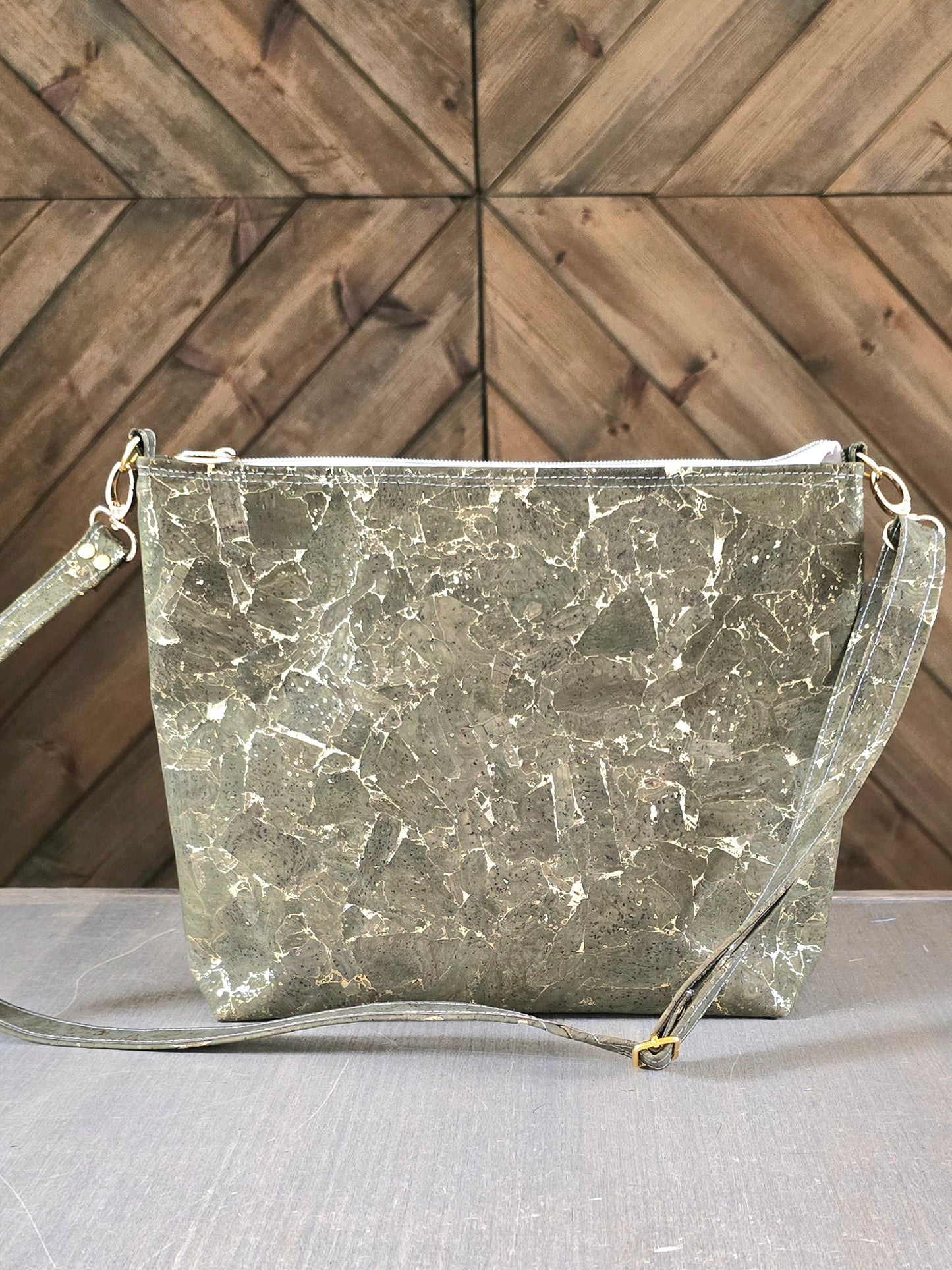Green-gold flakes cork shoulder/crossbody bag