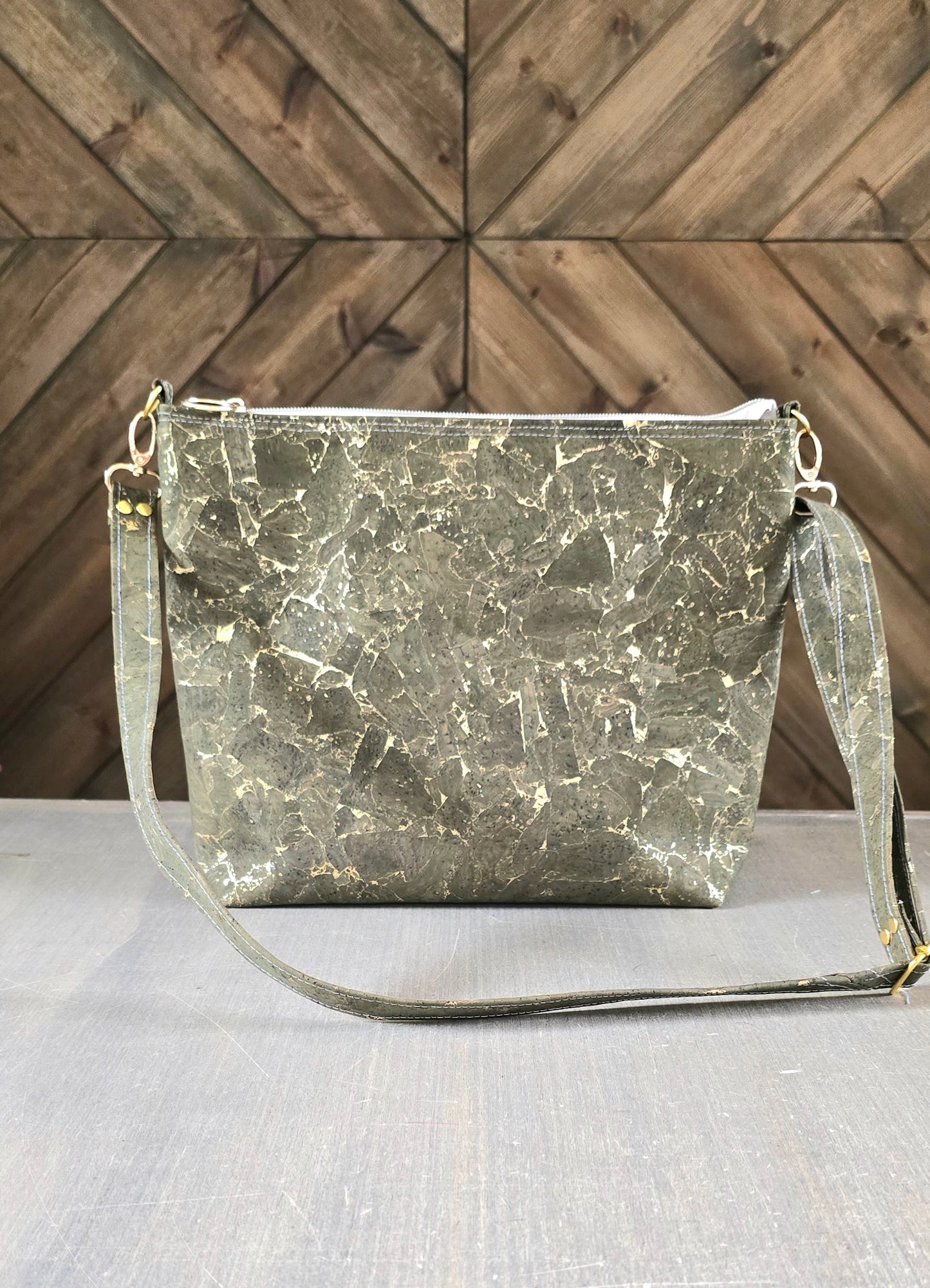 Green-gold flakes cork shoulder/crossbody bag