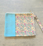 Blue Paisley Cork Wristlet Bag