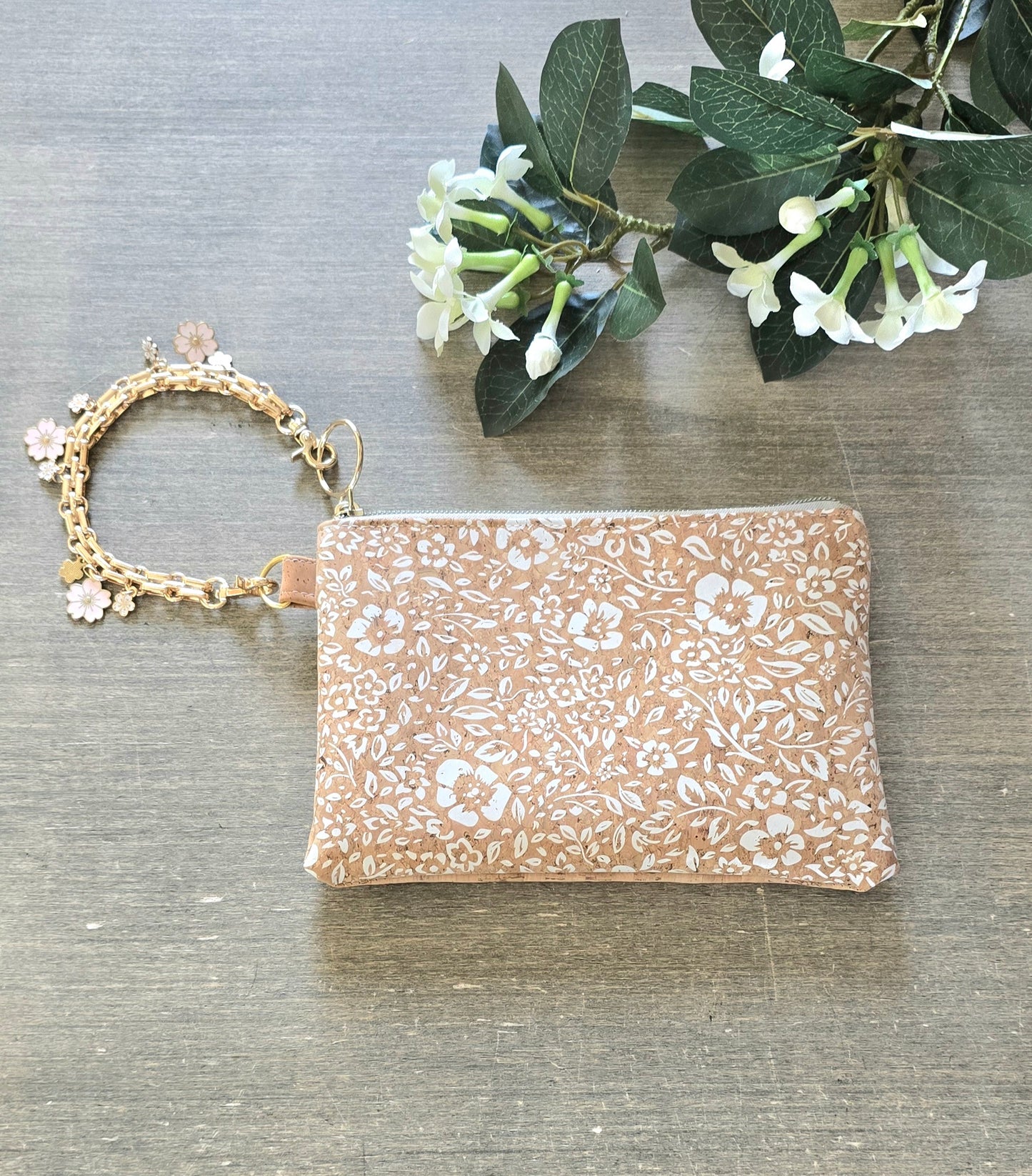 White floral wristlet bag