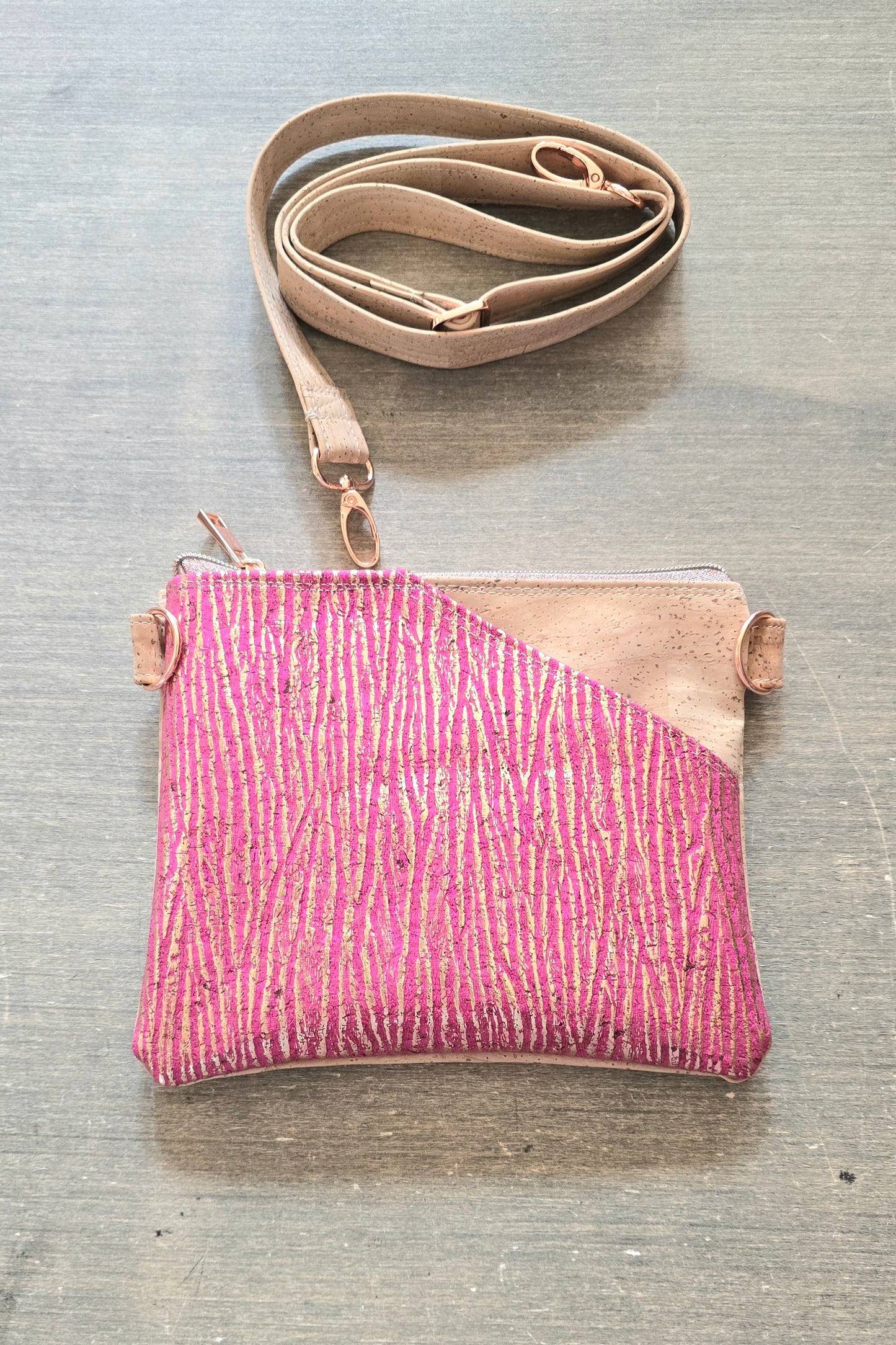 Embossed Fuchsia Pink Cork Crossbody Bag