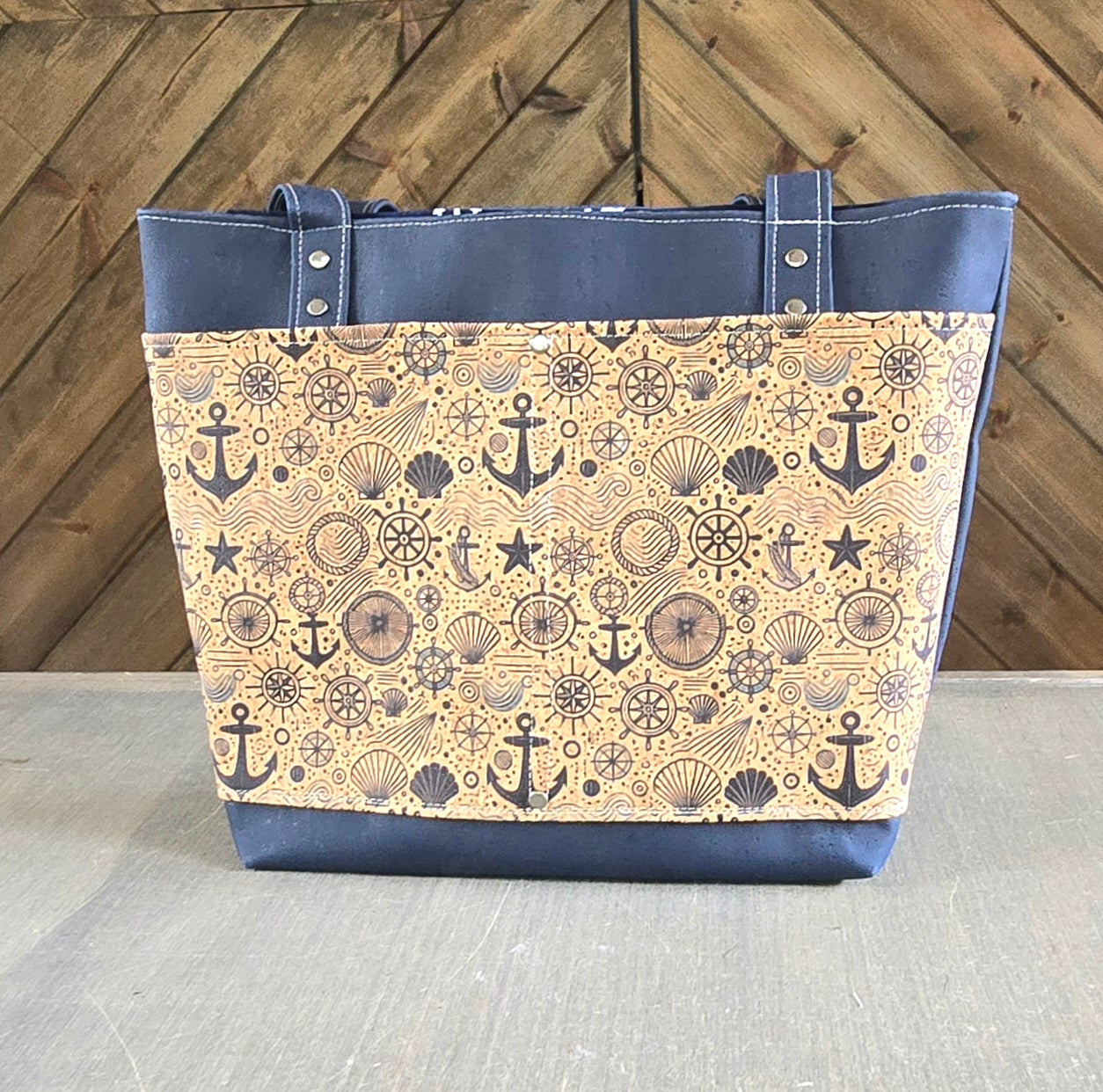 Navy Blue Anchor Cork Tote Bag